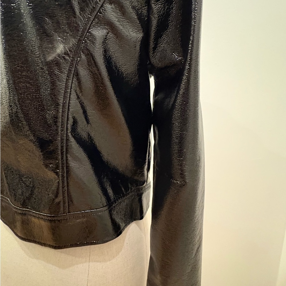 Who What Wear Womens Black Patent Faux Leather Bomber Biker Jacket / Size S - Picture 6 of 15